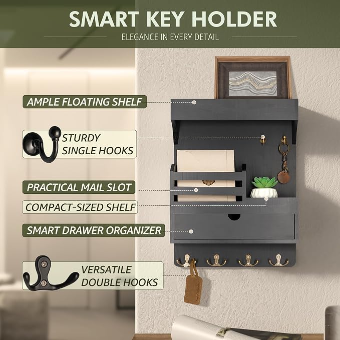 Rebee Vision Key Holder Wall Mount with 6 Key Hooks for Home Decor, Black | Pine Wood, Key and Mail Holder for Wall, Mail Slot for Letters & Bills, Spacious Drawer Organizer, Apartment Storage