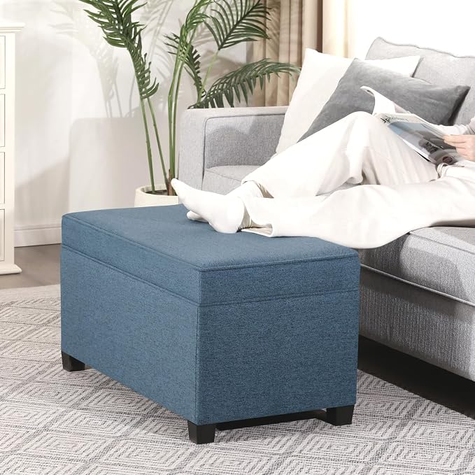 Adeco 31 Inches Storage Ottoman Bench, Non-Folding End of Bed Foot Rest Stools Ottoman with Thicker Foam Padded Seat, Upholstered Storage Chest for Living Room, Entryway, Bedroom