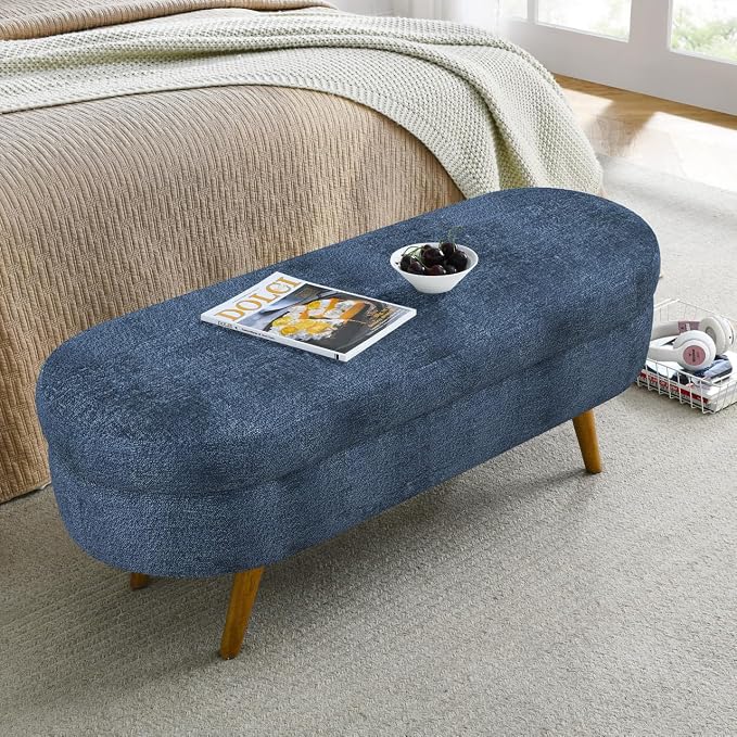 43.5" Ottoman with Storage, Storage Ottoman Bench with Safety Hinge, Foam End of Bed Bench, Upholstered Entryway Bench for Bedroom, Living Room & Window, Holds up to 330 lb, Dark Blue