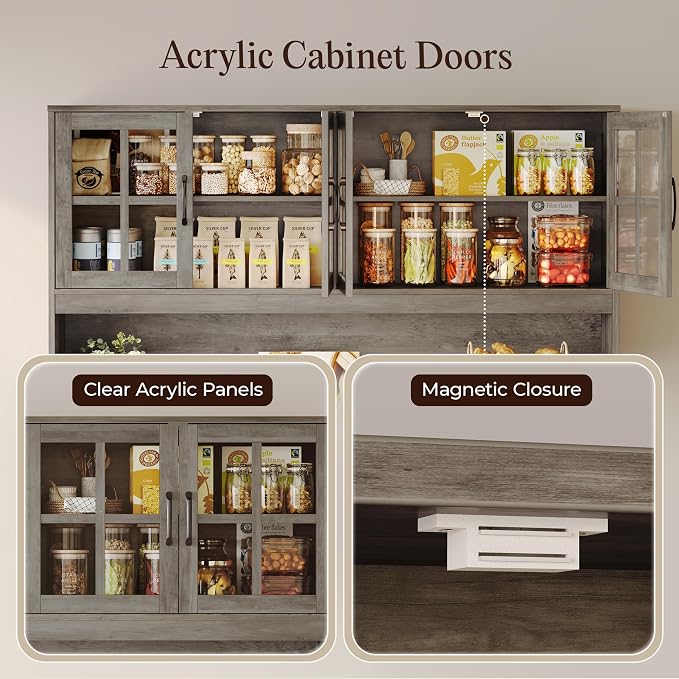 71''H x 55.1''W Pantry Cabinet with Charging Station, 4 Wide Cabinets Kitchen Pantry with 2 Drawers, Farmhouse Hutch Storage Cabinet, Tall Coffee Bar, Acrylic Door, Adjustable Shelves, Grey