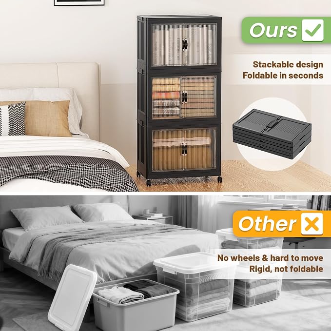 SAILUN 49Gal/195Qt Stackable Storage Bins Folding Collapsible Storage Bins with Lid, Closet Organizers and Storage Box with Door Black 22" W x 13" D x 38" H