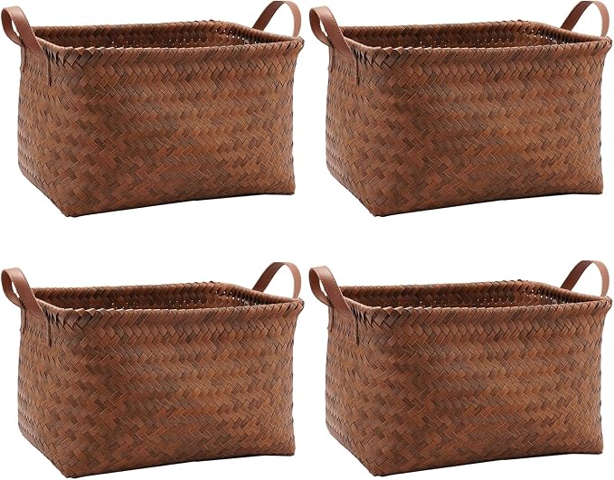 GIB Wicker Woven Storage Baskets for Organizing Blankets Laundry Shelves | Clothes Hamper, Large Closet Storage Bins Organizer, for Living Room Toys Shoes Organization, Plastic Rattan, Brown, 4 Pack