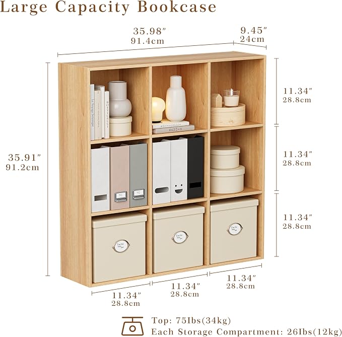 VDNEND Wooden Storage Organizer with Closed Back Panel, 11in Cube Shelf Opening, Bookshelf, Display Shelf,Closet Cabinet for Home and Office (Natural Oak, 9-Cube 35.98L*9.45W*35.91H)