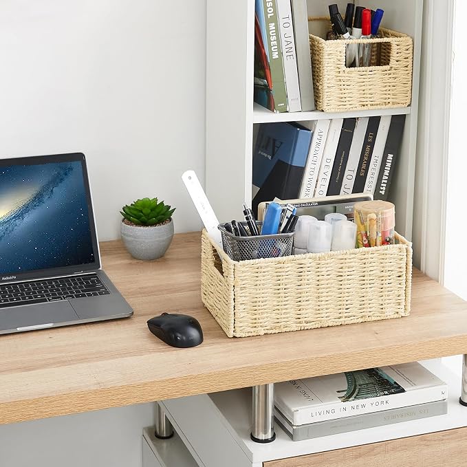 Vagusicc Wicker Storage Basket, Set of 2 Hand-Woven Paper Rope Wicker Basket, Small Storage Baskets for Organizing Toilet Paper Basket, Foldable Large Cube Storage Organizer Bins for Shelves (Beige)