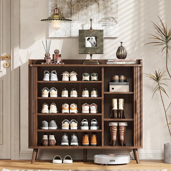 Shoe Cabinet with Sliding Door, 5-Tier Hidden Shoe Rack with Adjustable Shelves, Wooden Shoe Storage Organizer with Open Bottom Space, Freestanding Shoe Shelf for Entryway (Walnut)