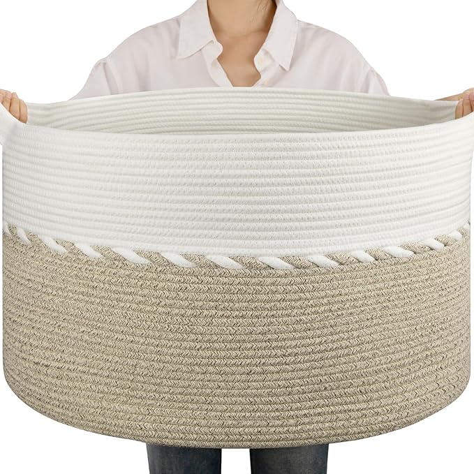 OIAHOMY 90L Extra Large Blanket Basket - Decorative Cotton Rope Storage Basket for Bedroom, Living Room & Nursery - Woven Laundry Hamper for Organizing Blankets, Clothes & Toys - Light Brown & White