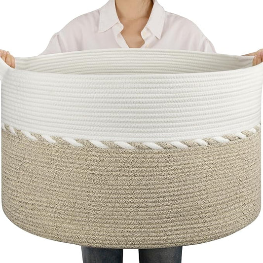 OIAHOMY 90L Extra Large Blanket Basket - Decorative Cotton Rope Storage Basket for Bedroom, Living Room & Nursery - Woven Laundry Hamper for Organizing Blankets, Clothes & Toys - Light Brown & White