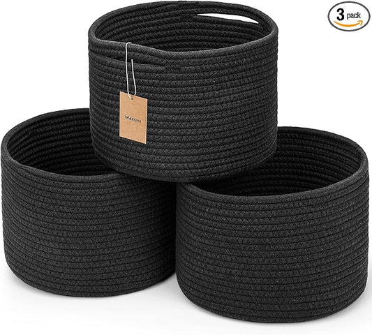 3 Pack Small Rope Storage Baskets, 9.82×9.82×7.1", Black | Cotton Basket for Gifts Empty, Cute Round Woven Basket, Decorative Shelf Basket Organizer, Organizing Basket for Shelves