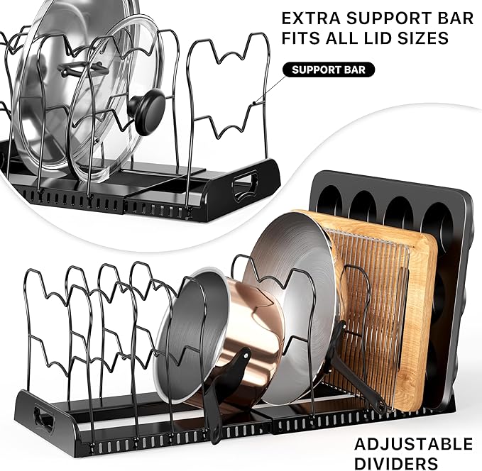 Simple Houseware Expandable Pan Rack 10 Adjustable Compartments, Black | Kitchen Cabinet Organizer for Pots, Pans, Lids & Bakeware - Pantry & Countertop Storage