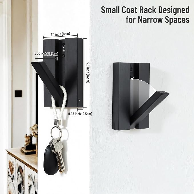 Wood Wall Hooks for Entryway: 4Pack Folding Black Modern Coat Hooks | Heavy Duty Hanger for Hanging Towels Backpack Bags Jackets - Space Saving Minimalist Design for Aesthetic Homeowners