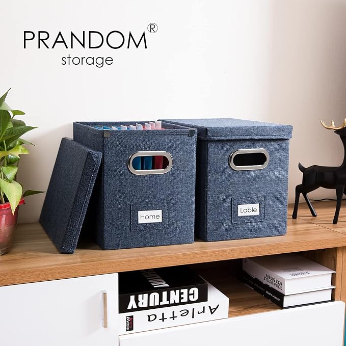 File Organizer Box - Set of 4 Collapsible Decorative Linen Filing Storage Hanging File Folders with Lids Office Cabinet Letter Size Navy Blue (14x9.3x10.8 inch)