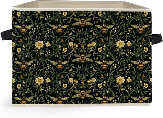 Moody Floral Bumblebee Storage Box Bins, Dark Cottagecore Honey Bee Botanical Collapsible Storage Basket Organizer for Bedroom Bathroom Home Clothes Books, Decor for Room