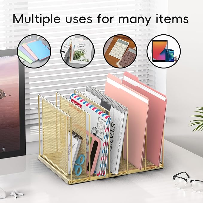 File Organizer for Desk, 5-Section Vertical File Sorter, Paper Holder Organizer Standing Metal File Folder for Office Home Classroom, Gold