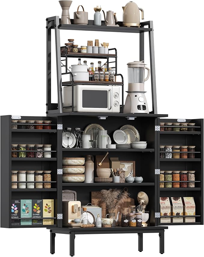 kepptory 51" Kitchen Baker's Rack with Storage, Microwave & Toaster Oven Stand, Freestanding Coffee Bar Station with Wine Glass Holder & Side Storage Shelves, Black