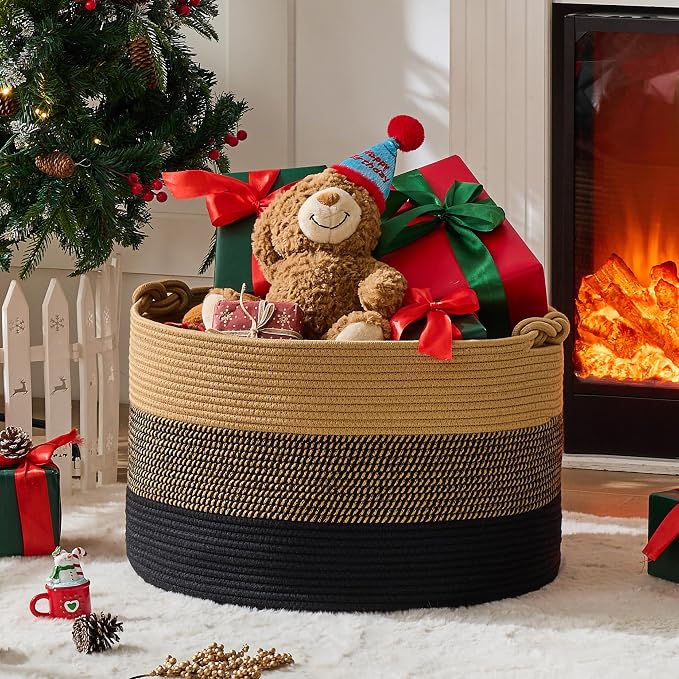 KAKAMAY Large Blanket Basket (20"x13"),Woven Rope Baskets for storage Baby Laundry Hamper, Cotton Rope Blanket Basket for Living Room, Laundry, Nursery, Pillows,Baby Toy chest (Jute/Black)