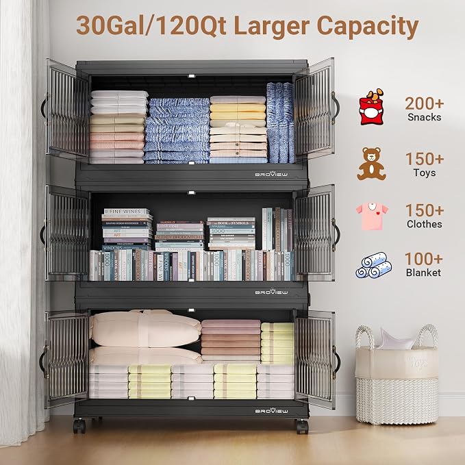 BROVIEW 480 Qt Stackable Storage Bins with Lids, Plastic Closet Organizers and Storage Drawer, Collapsible Storage Box with Wheels, Folding Storage Cabinet for Closet Clothes Organization, 4Pack Black