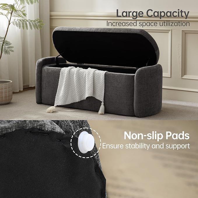 VKNOW Storage Bench, Upholstered Storage Ottoman Bench with Hinge, Grey | Ottoman Bench with Large Capacity, Curved Frame, Soft Fabric, Storage Bench for Bedroom, Living Room, Entryway, Window