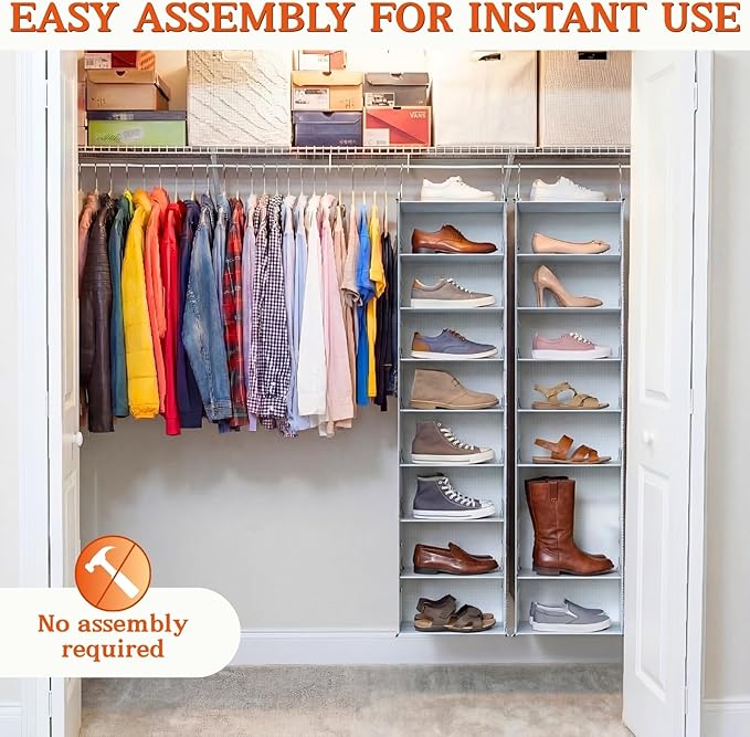 Hanging Shoe Organizer for Closet, 8 Tier Extra Wide Closet Shoe Organizer | Adjustable Shelf Height for Boots and Shoes, Heavy Duty Hanging Shoe Rack for Closet Rod, Space-Saving Shoe Storage Organizer