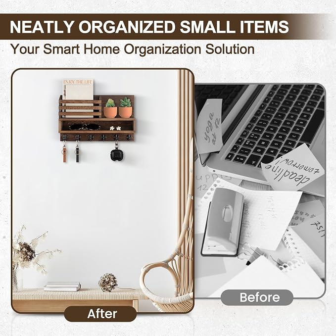 Key and Mail Holder Wall Mount, Key Hanger with Long Storage Box and Key Hooks for Coat, Dog Leash, Home Decor Rack, House Accessories, Entry Way Organizer