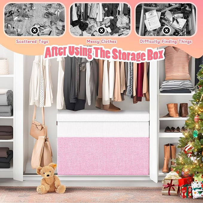 Large Toy Storage Box with Lid & Dividers, Kids Toy Chest, Pink and White | Toy Box for Boys, Girls, Nursery, Bedroom, Living Room, Playroom, 25 x 13 x 16 inches