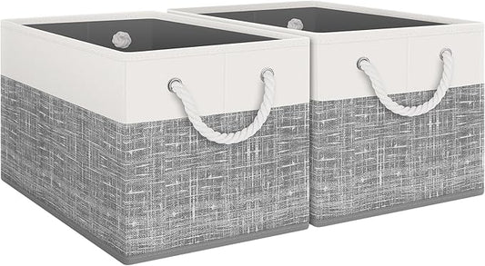 Fab totes Storage Bins 2-Pack, Foldable Storage Baskets for Organizing Toys, Books, Shelves, Closet, Large Storage Box with Rope Handles, Sturdy Organizer Bins, White & Grey