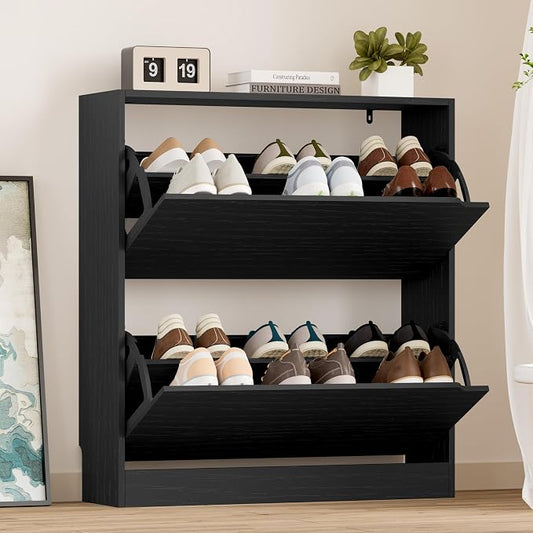 BORNOON Shoe Cabinet with 2 Flip Drawers, Slim Narrow Shoe Storage Cabinet, Freestanding Shoe Organizer with Adjustable & Removable Shelves, Top Display Shelf for Entryway, Hallway, Foyer, Closet