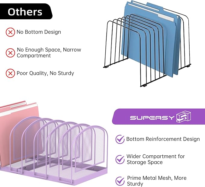SUPEASY 9-Section File Organizer for Desk, Metal File Folder Holder, Purple | 9 Vertical Compartments with Sturdy Metal Base for Office Documents Books Magazines and Laptop