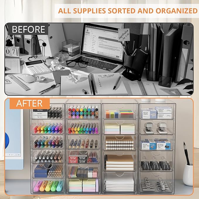 DOMNIU Acrylic Makeup Drawer Storage Organizer with 22 Drawers, 4 Set | Office Desk Organization and Storage, Dustproof Drawer Organizer for Makeup, Countertop, Jewelry, Desktop, Bathroom, Bedroom