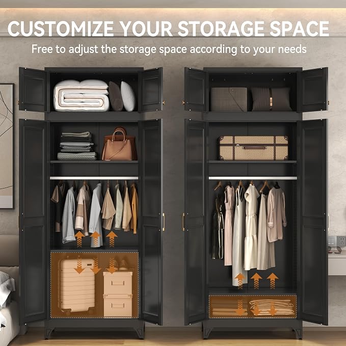 Polup 86" Tall Black Metal Armoire Wardrobe Closet with Hanging Rod | Heavy Duty Steel Clothing Storage Cabinet, 4 Doors, 180lbs Adjustable Shelves, Shipped in 2 Packages for Bedroom, Garage