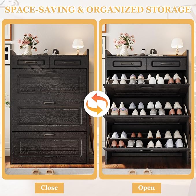 ODUWA Shoe Cabinet with 3 Flip Drawers and 2 Storage Drawers, Shoes Organizer Cabinets with Adjustable Divider, Hidden Shoe Storage Cabinet for Entryway, Hallway, Living Room, Black