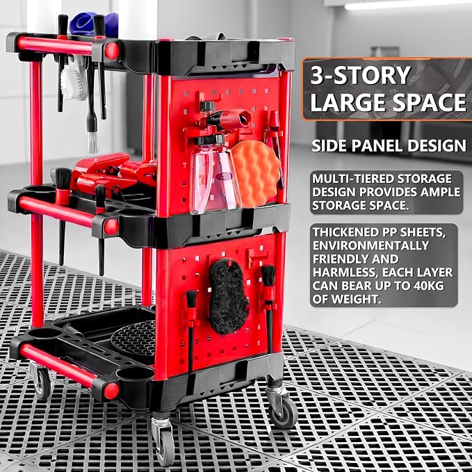 Auto Detailing Cart with Wheels, 3 Tier Rolling Detail Cart | With Long Hanging Plate, Hooks, Brush, Towel and Gloves, for Detailers Garage, Workshop, Repair Shop, Storage Tool
