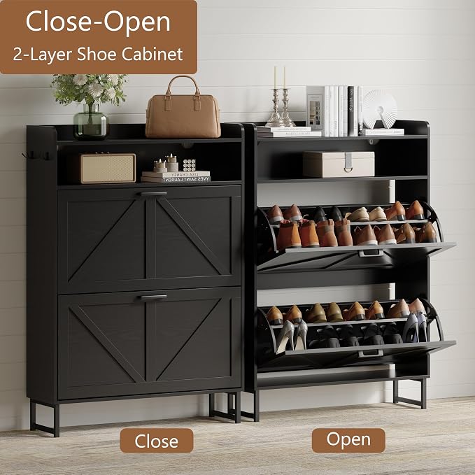 Shoe Cabinet with 2 Flip Drawers, Freestanding Hidden Shoe Storage Organizer for Entryway, Narrow Slim Shoe Rack Cabinet with Open Storage & Hooks for Front Door Entrance, Living Room, Hallway, Black