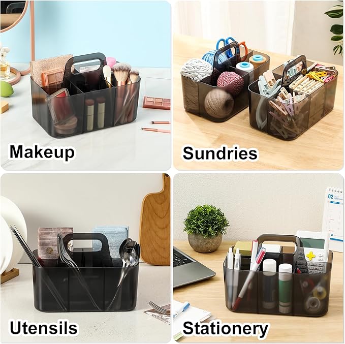Multiuse Caddy Organizer with Handle, Portable Plastic Tote Bin - Art Craft, Stationary Pen Marker Crayons, Makeup Hair Supplies Storage - Bathroom, Classroom, Dorm, Office, Desk Holder - Clear Black