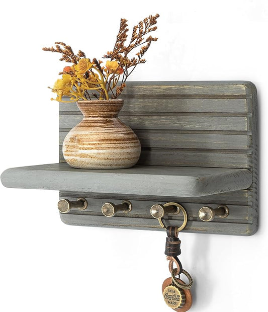 Rebee Vision Key Holder Wall Mount with Shelf for Living Room, Old Gray | Pine Wood, Key Holder for Wall, 4 Key Hooks, Mini Wooden Shelf, Mail Organizer, Rustic Home Decor, Living Room Organizer