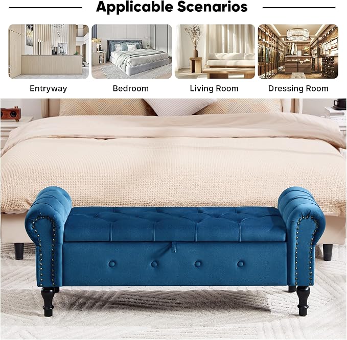 Storage Bench 51" Velvet End of Bed Benches Navy Blue | Queen Size Storage Bench for Bedroom with Rolled Arms Tufted Ottoman Benches Upholstered Bench for Living Room Entryway