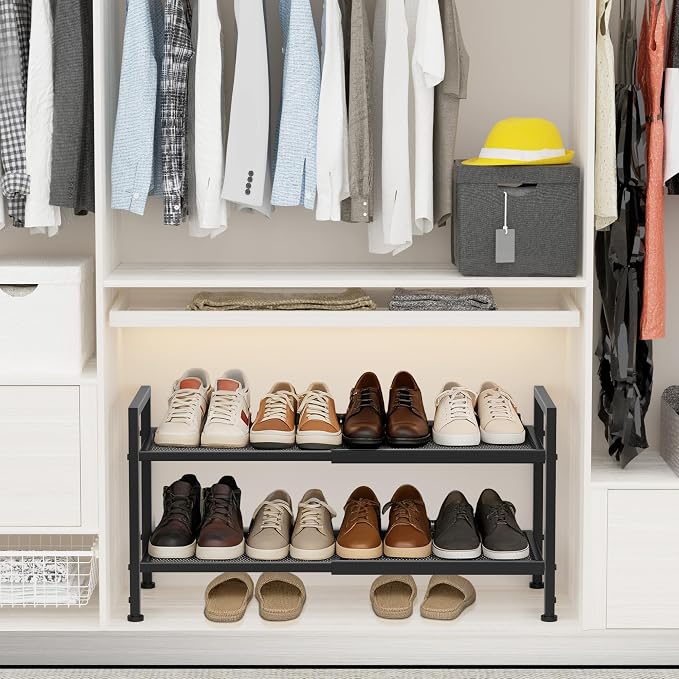 2 Tier Shoe Rack, Expandable Shoe Rack for Closet, Adjustable Shoe Organizer for Entryway, Shoe Storage Organizer for Door Entrance, Garage, Bedroom