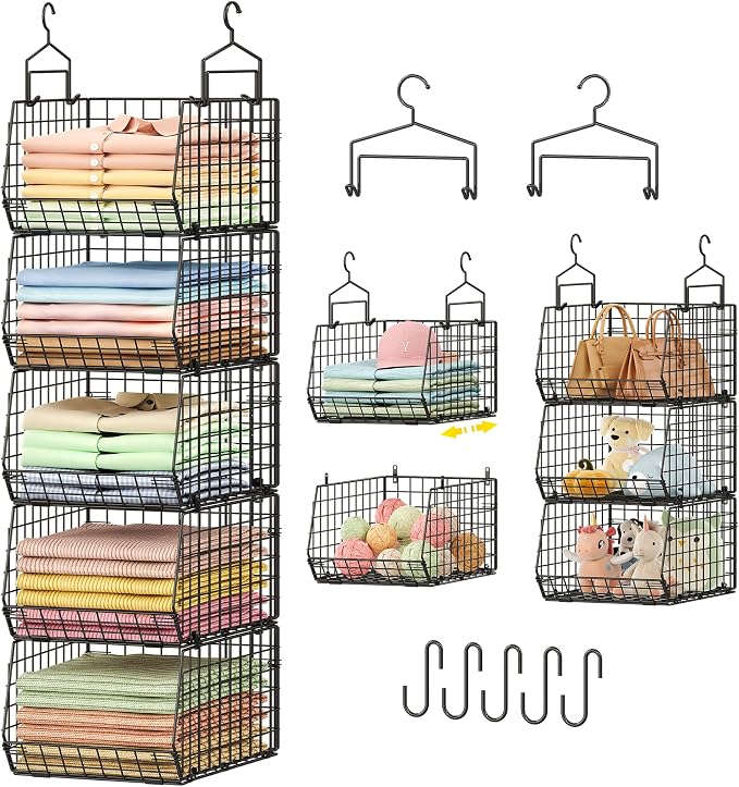 Capacity Upgrade Edition Deeper 4'' 5 Tier Foldable Hanging Closet Organizer and Storage，Wire Cabinet Shelves and Rack with 5 S Hooks,Stackable Metal Basket Bins for Clothes Shoe Purse,Black