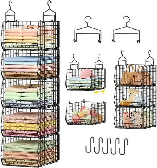 Capacity Upgrade Edition Deeper 4'' 5 Tier Foldable Hanging Closet Organizer and Storage，Wire Cabinet Shelves and Rack with 5 S Hooks,Stackable Metal Basket Bins for Clothes Shoe Purse,Black