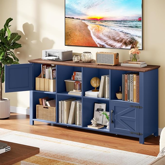 Vabches Wooden Toy Storage Organizer for Kids, Farmhouse Book & Toy Organizer with 6 Open Shelving & 2 Doors, 8-Cube Toy Shelf for Kids’ Room, Playroom & Classroom, Blue and Brown