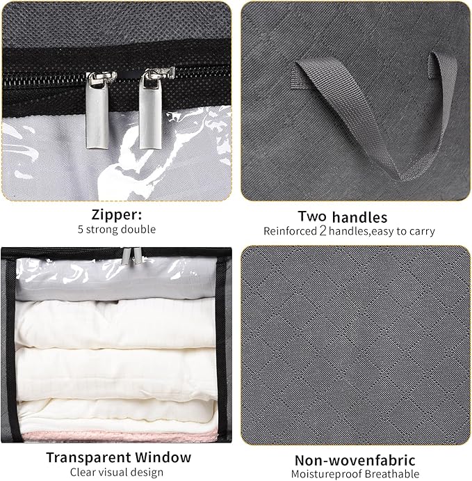 BiCINE 8 Pack Clothes Storage Bags with Zipper, 45L Foldable Blanket Storage Bag with Clear Window Sturdy Handles for Closet, Dorm, Pillows, Bedding, Sheet, Comforter, Gray