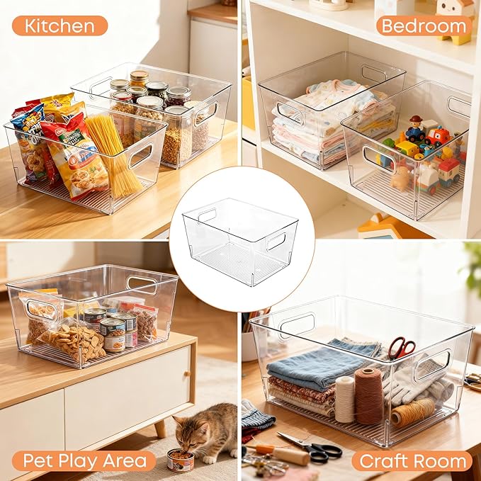 MOONEDGE 8 Pack Clear Plastic Storage Bins 12x8x6in Pantry Organizer | Large Pantry Storage Bins, Cabinet Containers for Under-Sink Storage, Kitchen, Fridge, Bathroom and Home Organization