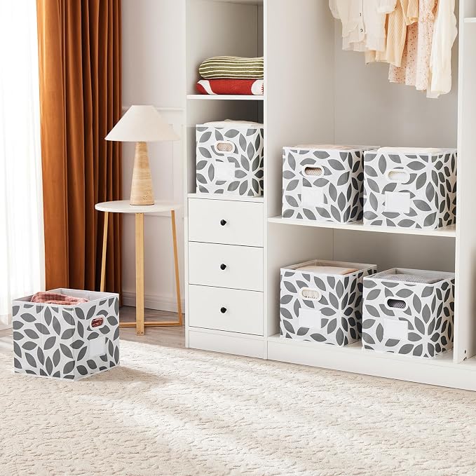 MAX Houser Foldable Fabric Storage Cubes Bins with Dual Plastic Handles, Set of 6, Closet Bedroom Drawer Organizer, Grey