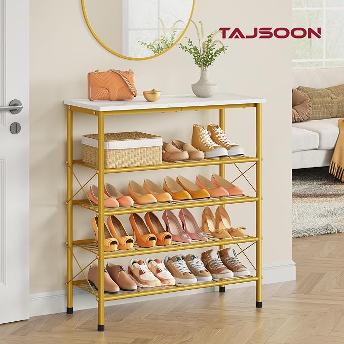 5 Tier Shoe Rack Organizer for 16-20 Pairs of Shoes, White & Gold | Sturdy & Durable, X Shape Fixed Frame, Metal Mesh Shoe Shelf, Industrial, For Closet, For Entryway Shoe Storage