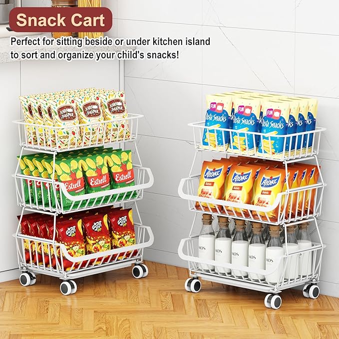 3-Tier Rolling Pantry Cart with Wheels, Stackable Wire Storage Floor Organizer for Kitchen Pantry Snack Shelves, Fruit Basket Stand, Vegetable Storage Rack for Food Snacks Onion Potato, White