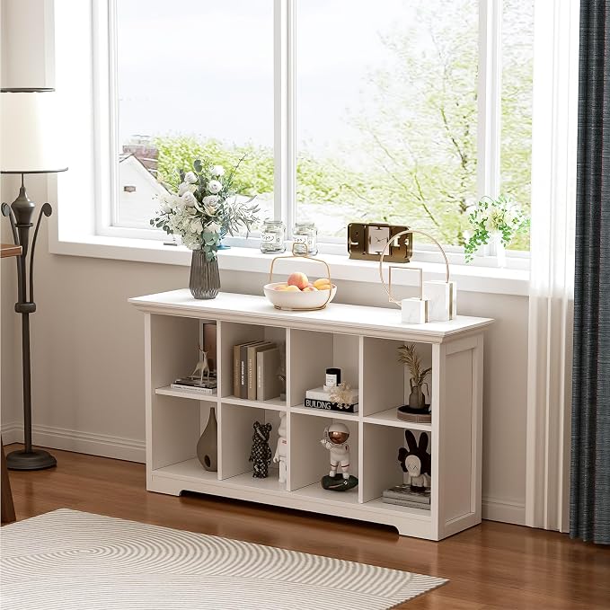 OSCHF 8-Cube Open Bookcase with Base, 2-Tier Low Cabinet, White | Curved Base, Crown Molding, Fits 11×11" Bins, Modern Bookshelf for Living Room, Bedroom, Home Office, TV Stand Storage