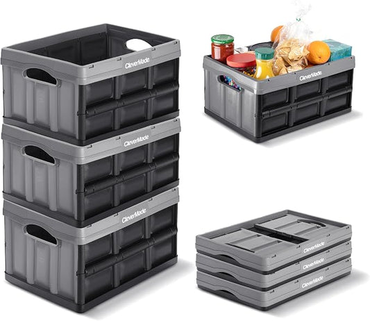 CleverMade Collapsible Storage Bins, 32L 3 Pack, Durable Plastic, Stone | Reinforced plastic handles groceries, tools, and sports gear. Interlocking bins stack open and nest compactly when folded.