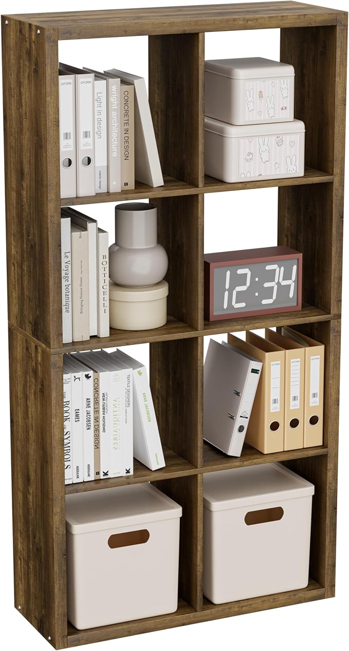 VDNEND Cube Storage Organizer Bookcase, Decorative 11 inch Open Back Cubical Shelf with Thickened Border, Display Bookshelf for Living Room, Home Office, Sturdy Room (Brown, 8 Cube)