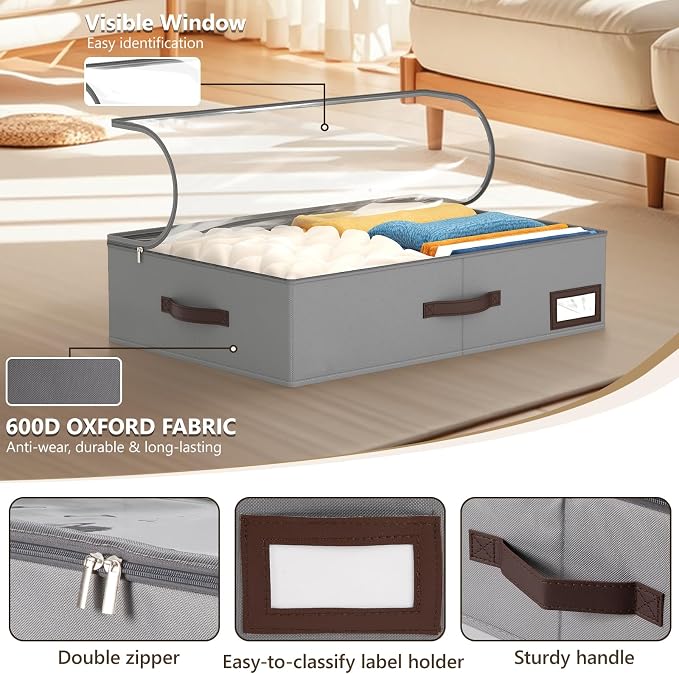 OIAHOMY 2 Pack Under Bed Storage with Handles, Underbed Container for Bedroom & Closet, Fits Beds Higher than 6", Under the Bed Storage for Seasonal Clothes, Blankets & Shoes - Grey