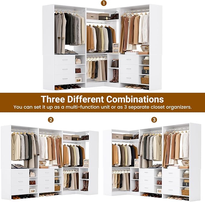 Aheaplus Closet System with 6 Drawers, 4 Hanging Rods & Corner Tower, Corner Closet System with Hanging, 92.6" L-Shaped Walk-In Wardrobe Organizer, 2000+ lbs Capacity, Set of 3, White
