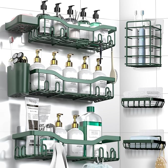 NESOMI Shower Caddy Adhesive Shower Organizer 8-Pack, Rustproof Stainless Steel Bathroom Shelves, Large Capacity No-Drill Rack Storage Accessories with Soap Dish Toothbrush Holder Hooks